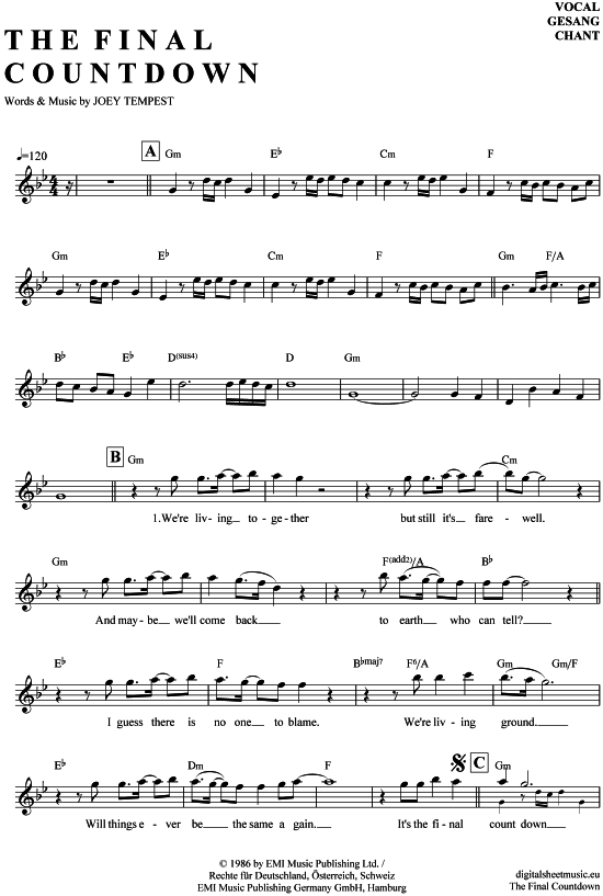 The Final Countdown Gesang PDF Noten von Europe in G Moll 7040193