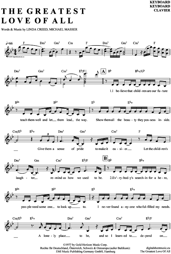 The Greatest Love Of All Keyboard PDF Noten von Whitney Houston in B