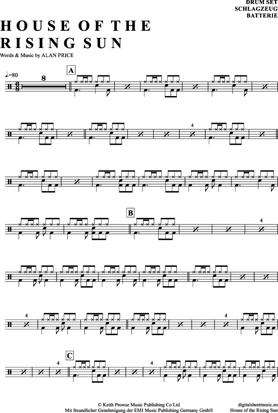 The House Of The Rising Sun Drums PDF Noten von The Animals in 7150441