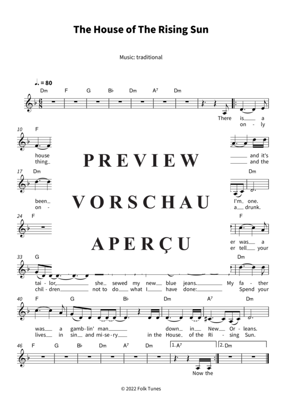 The House of The Rising Sun Gesang + Akkorde Leadsheet PDF Noten von traditional in D Moll