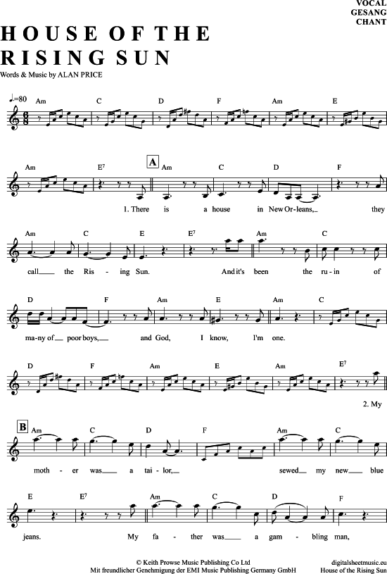 The House Of The Rising Sun Gesang PDF Noten von The Animals in A Moll 7040456 The House Of The Rising Sun Gesang PDF Noten von The Animals in A Moll 7040456