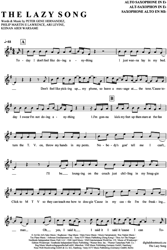The Lazy Song (Alt-Sax) (Alt Saxophon) von Bruno Mars