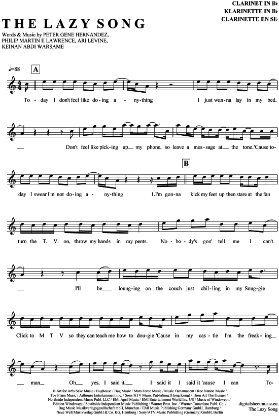 The Lazy Song (Klarinette in B) (Klarinette) von Bruno Mars