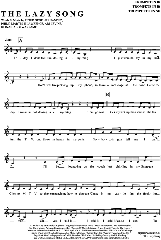The Lazy Song (Trompete in B) (Trompete) von Bruno Mars
