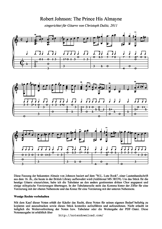 The Prince His Almain (Gitarre Solo) (Gitarre) von Robert Johnson (1583-1634) 