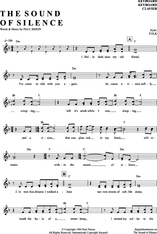 The Sound Of Silence Keyboard PDF Noten von Simon & Garfunkel in F