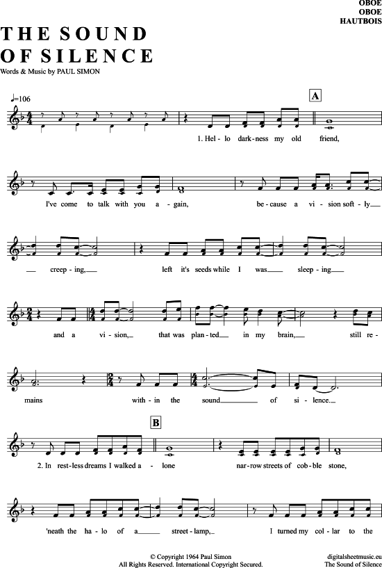 The Sound Of Silence Oboe PDF Noten von Simon & Garfunkel in F Dur
