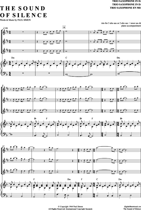 The Sound Of Silence (Saxophon Trio AAA(T) + Klavier) (Trio (Saxophon)) von Simon  Garfunkel