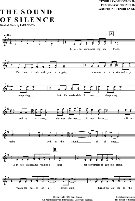 The Sound Of Silence TenorSax PDF Noten von Simon & Garfunkel in G