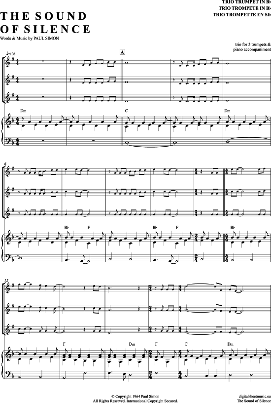 The Sound Of Silence (Trompeten Trio + Klavier) (Trio (Trompete)) von Simon  Garfunkel