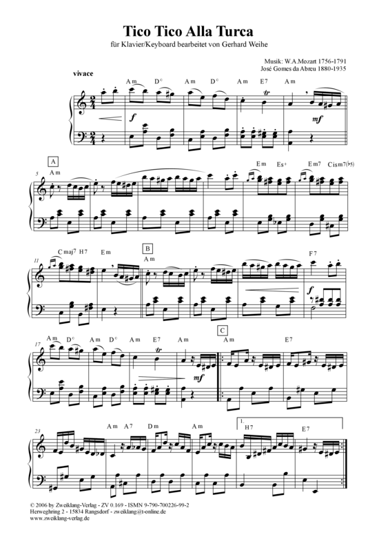 Tico Tico Alla Turca (Klavier Solo) (Klavier Solo) von Jose Gomes da Abreu  W.A. Mozart