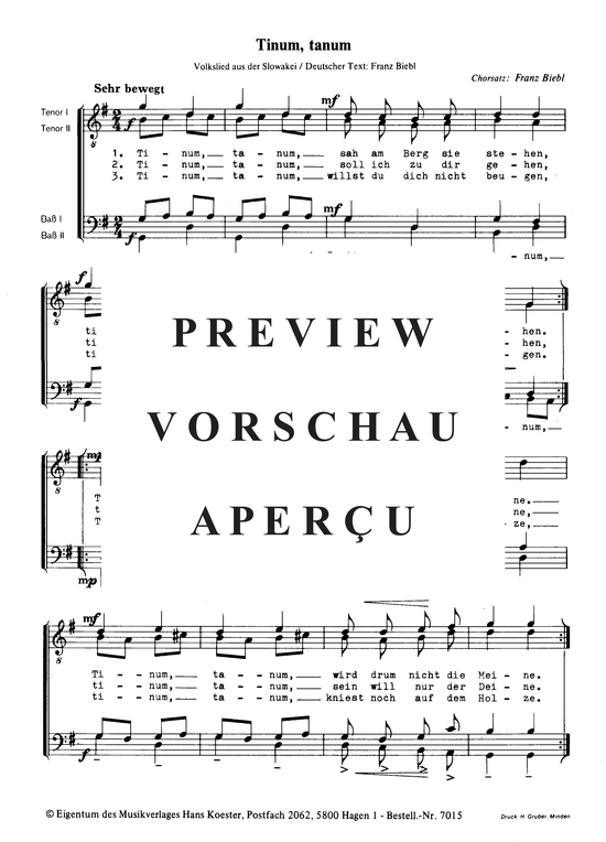 Tinum Tanum (M auml nnerchor) (M nnerchor) von Volkslied aus der Slowakei (Satz Franz Biebl)