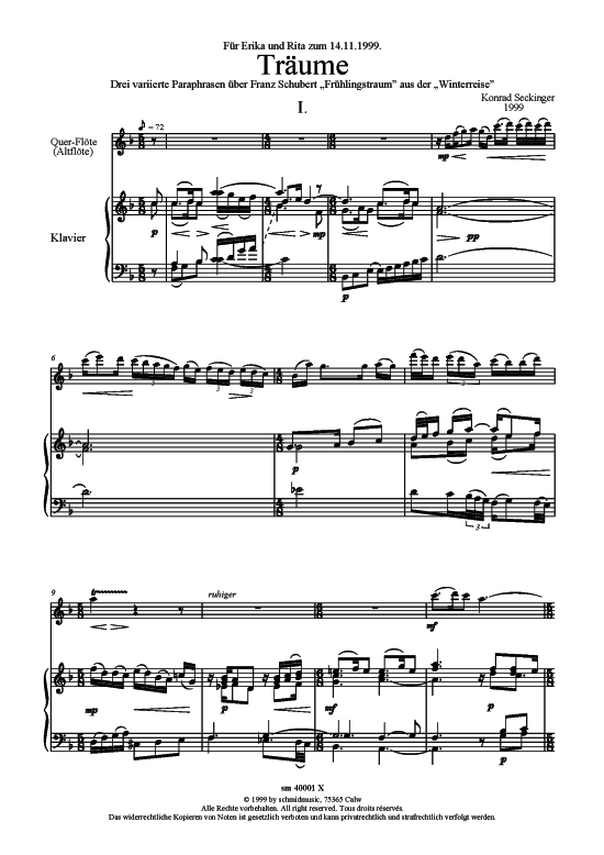 Tr auml ume (Alt- Querfl ouml te + Klavier) (Klavier  Querfl te) von Konrad Seckinger (3 Paraphrasen uuml ber Schuberts Fr uuml hlingstraum)