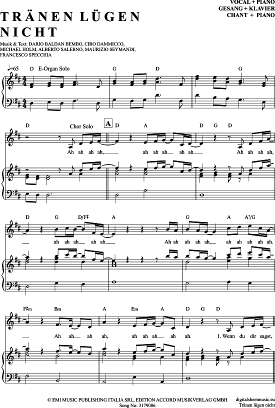 Tränen Lügen Nicht Klavier + Gesang PDF Noten von Michael Holm in D