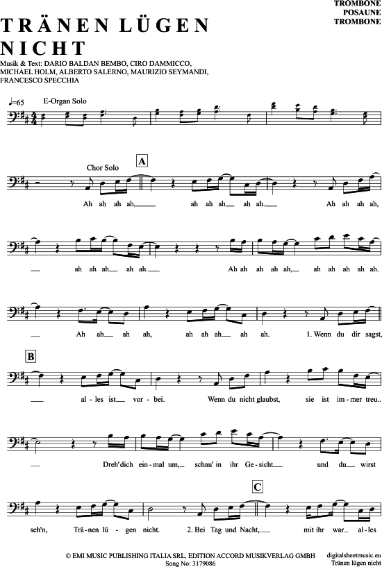 Tränen Lügen Nicht Posaune / Bariton - PDF Noten von Michael Holm in D ...