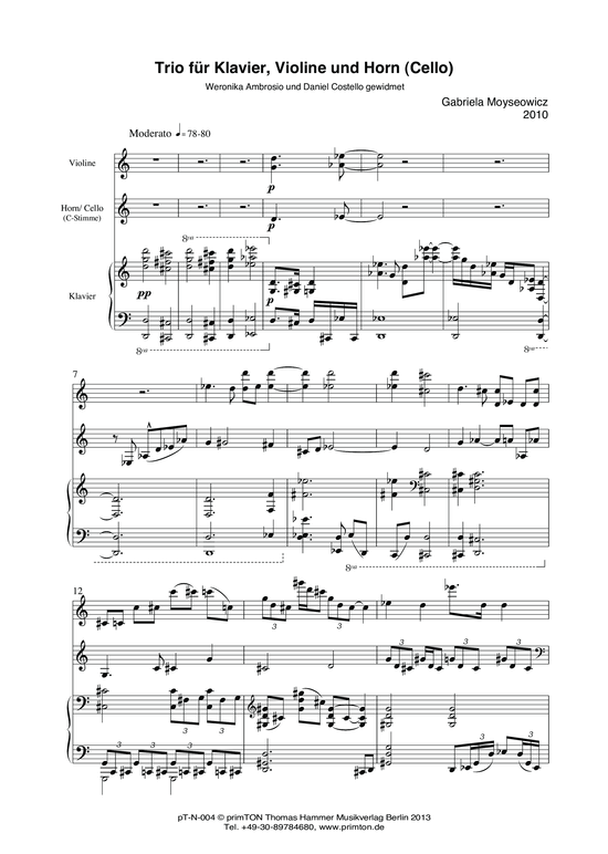 TRIO f r Klavier Violine und Horn (Cello) (2010) (Trio (Klavier  2 St.)) von Gabriela Moyseowicz