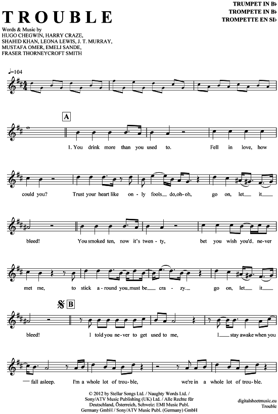 Trouble (Trompete in B) (Trompete) von Leona Lewis