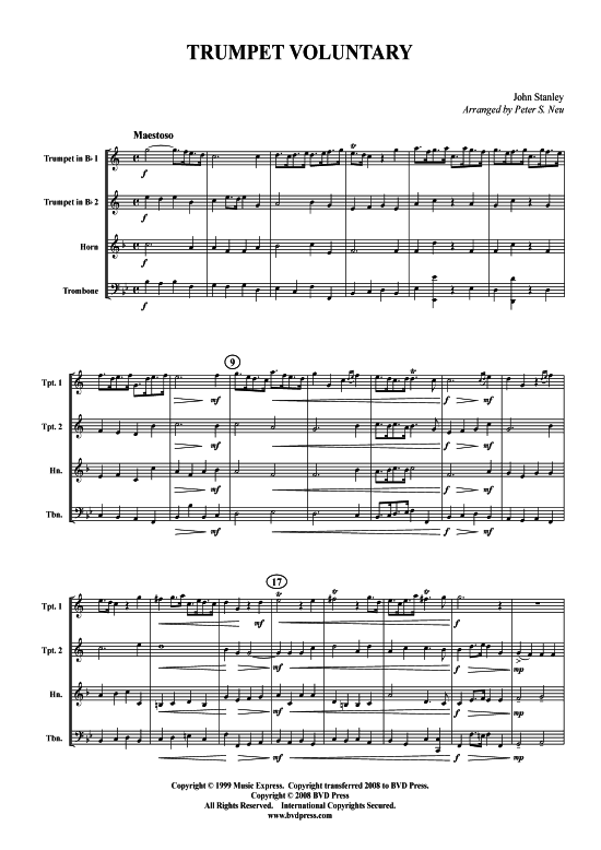 Trumpet Voluntary (2xTromp in B Horn in F (Pos) Pos) (Quartett (Blech Brass)) von John Stanley (arr. Neu)