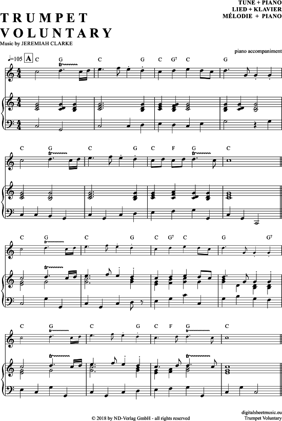 Trumpet Voluntary (Klavier Begleitung + Melodie in C) (Klavier  Melodieinstr.) von Jeremiah Clarke
