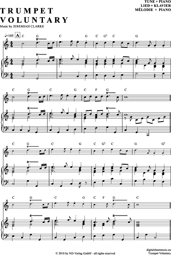 Trumpet Voluntary (Klavier + Melodie in C) (Klavier Gesang  Gitarre) von Jeremiah Clarke