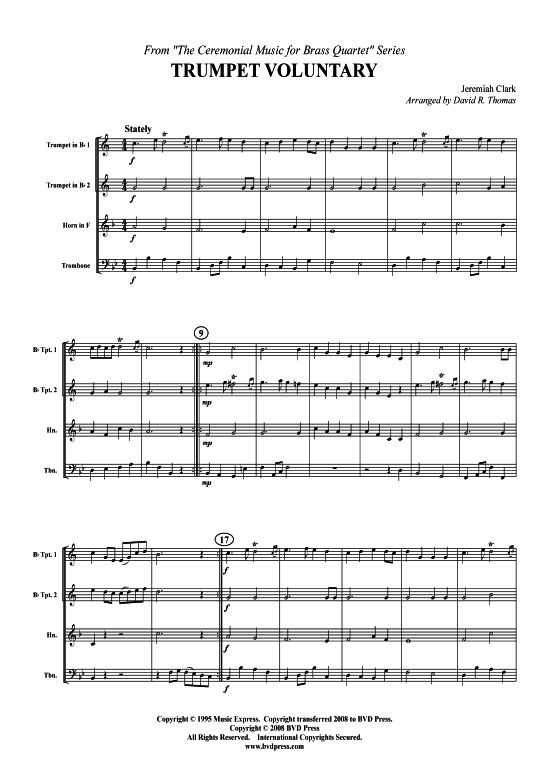 Trumpet Voluntary - Prince of Denmark March (2xTromp in B Horn in F (Pos) Pos) (Quartett (Blech Brass)) von Jeremiah Clarke (arr. Green)