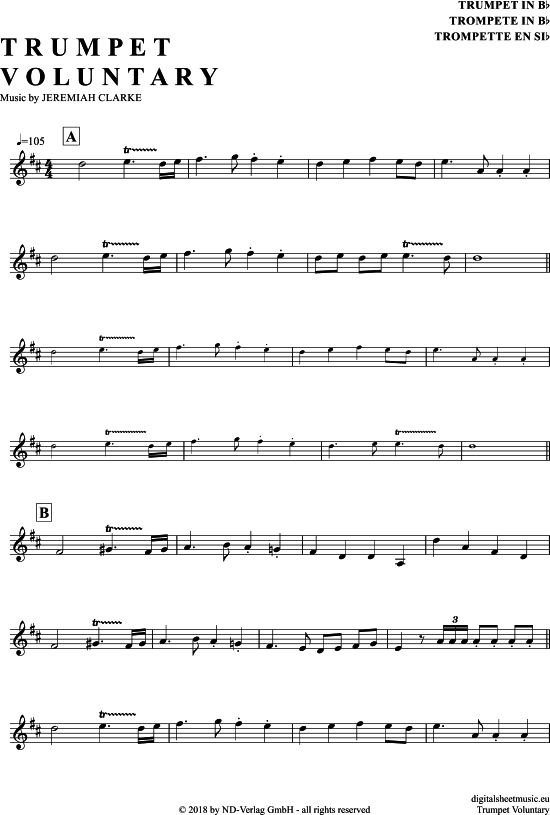 Trumpet Voluntary Trompete in B PDF Noten von Jeremiah Clarke in D