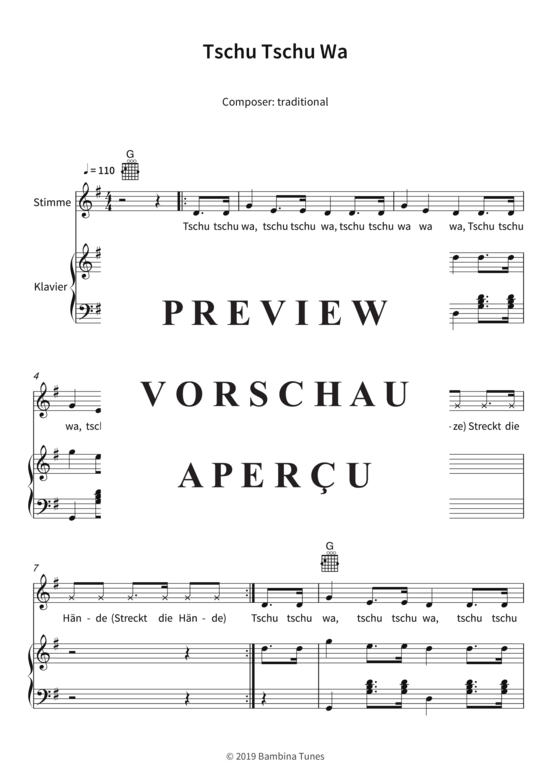 Tschu Tschu Wa Gesang + Klavier, Gitarre PDF Noten von traditional in G Dur 4251133754704