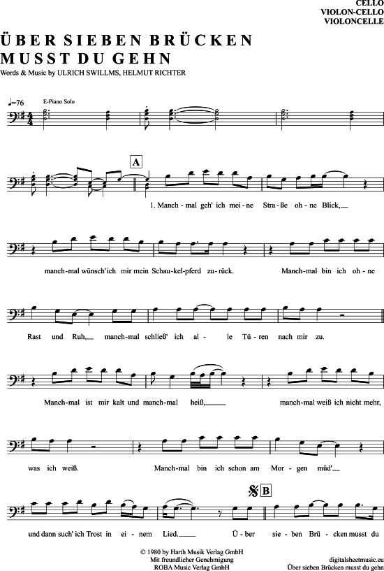 Über Sieben Brücken Musst Du Gehn Violoncello PDF Noten von Peter