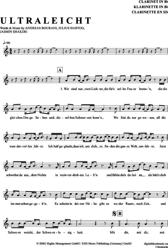 Ultraleicht (Klarinette in B) (Klarinette) von Andreas Bourani