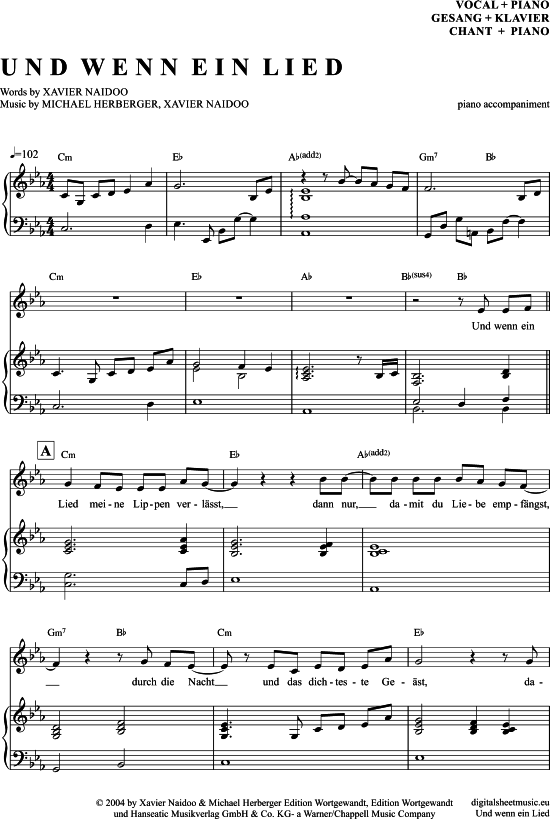 Und wenn ein Lied Klavier Begleitung