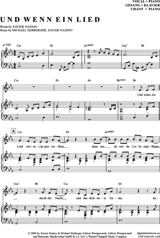 Und wenn ein Lied Klavier + Gesang PDF Noten von Söhne Mannheims in C Moll 7070446