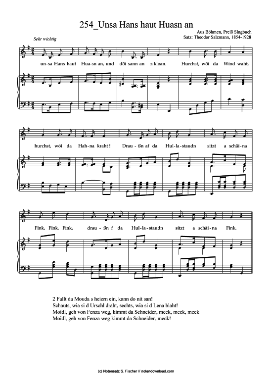Unsa Hans haut Huasn an (Klavier + Gesang) (Klavier  Gesang) von Aus B hmen Prei Singbuch Satz Theodor Salzmann 1854-1928 