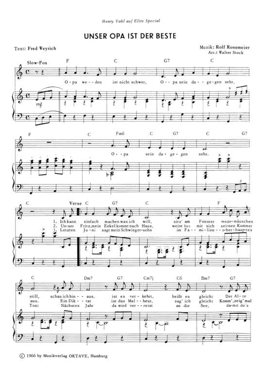 Unser Opa ist der Beste Klavier + Gesang PDF Noten von Henry Vahl in F Dur 9783841864796