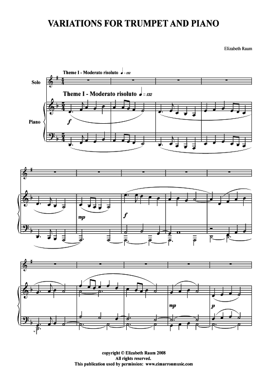 Variationen f uuml r Trompete und Klavier (Trompete + Klavier) (Klavier  Trompete) von Elizabeth Raum