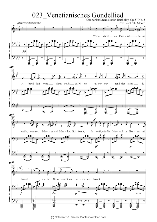 Venetianisches Gondellied (Klavier + Gesang) (Klavier  Gesang) von Felix Mendelssohn Bartholdy (1809-1947)