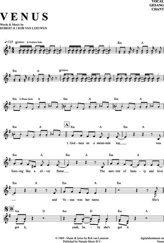 Venus Gesang PDF Noten von Shocking Blue in E Moll 7040629