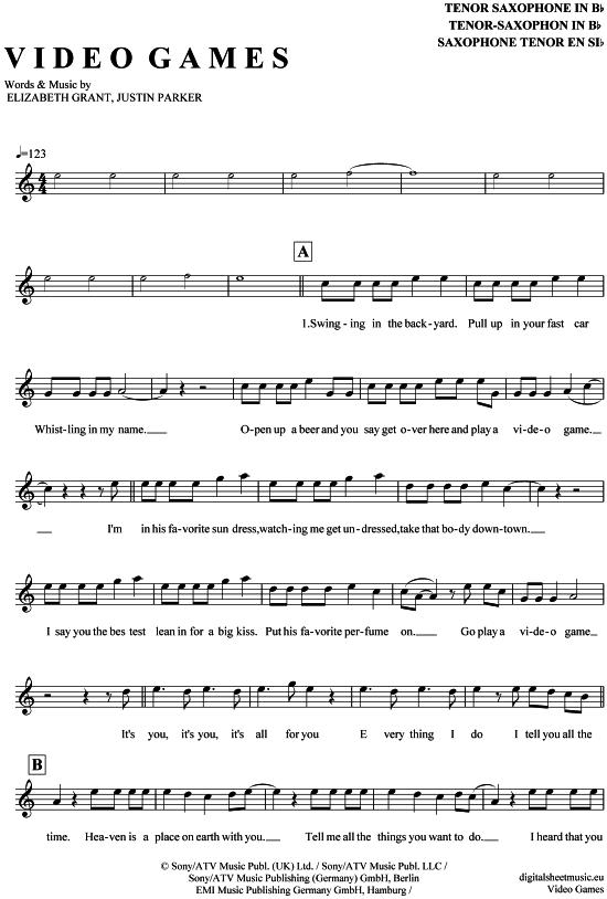 Video Games TenorSax PDF Noten von Lana del Rey in A Moll 7110387