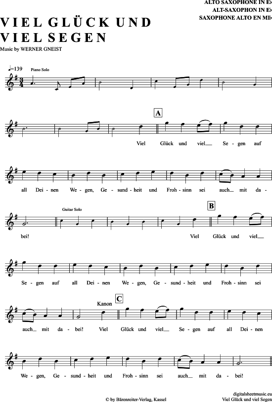 Viel Glück Und Viel Segen AltSax PDF Noten von Volkslied in G Dur