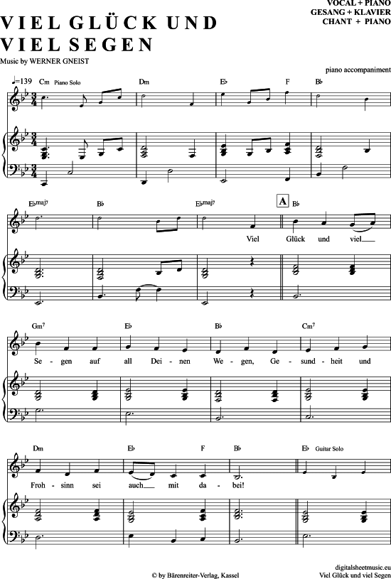 Viel Gl ck Und Viel Segen (Klavier Begleitung + Gesang) (Klavier Gesang  Gitarre) von Volkslied