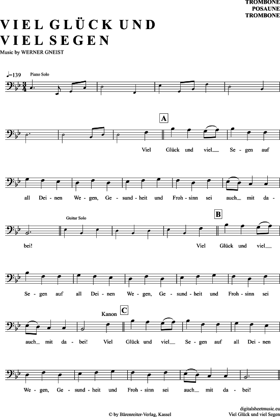 Viel Glück Und Viel Segen Posaune / Bariton PDF Noten von Volkslied