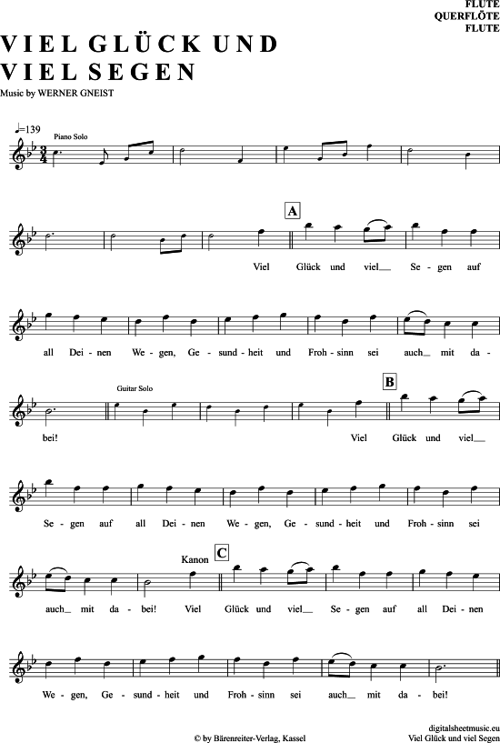 Viel Glück Und Viel Segen Querflöte - PDF Noten von Volkslied in B Dur