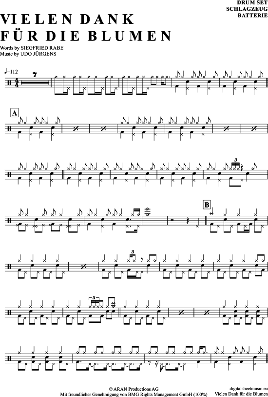 Vielen Dank Für Die Blumen Drums PDF Noten von Udo Jürgens in 7150403