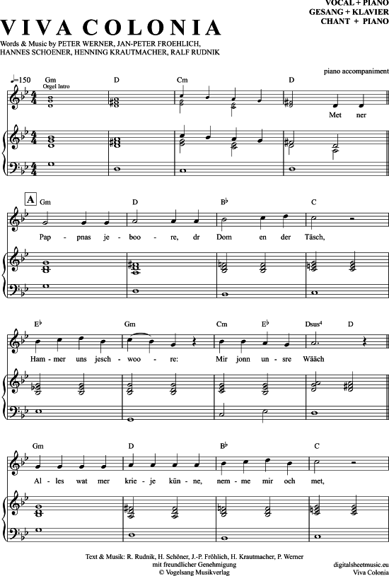 Viva Colonia (Klavier Begleitung + Gesang) (Klavier Gesang  Gitarre) von H hner