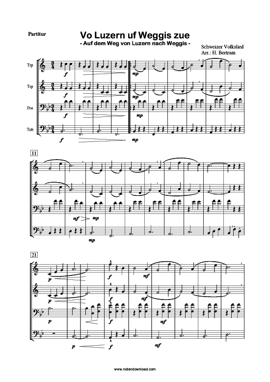 Vo Luzern uf Weggis zue (Blechbl auml serquartett 2 Trp (B) Pos TenH Tub) (Quartett (Blech Brass)) von aus der Schweiz