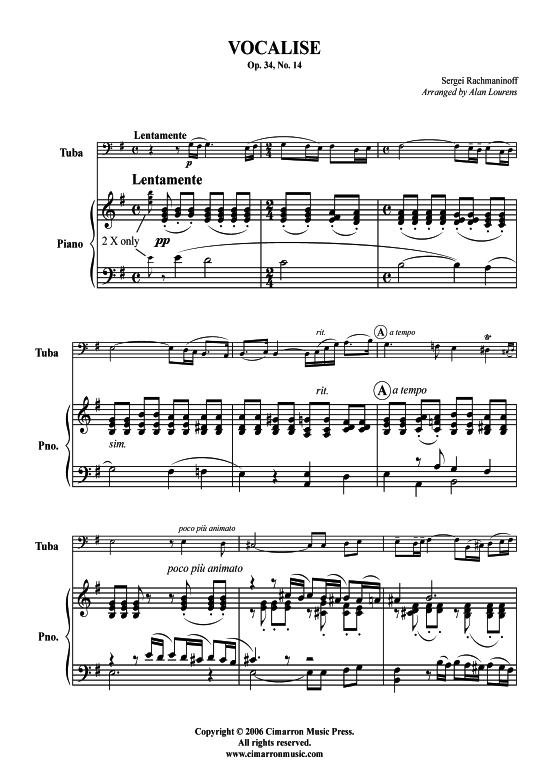 Vocalise (Tuba + Klavier) (Klavier  Tuba) von Sergei W. Rachmaninow (Op. 34 No. 14)