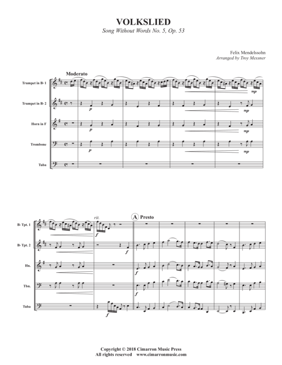 Volkslied (Blechbl auml ser Quintett) (Quintett (Blech Brass)) von Felix Mendelssohn