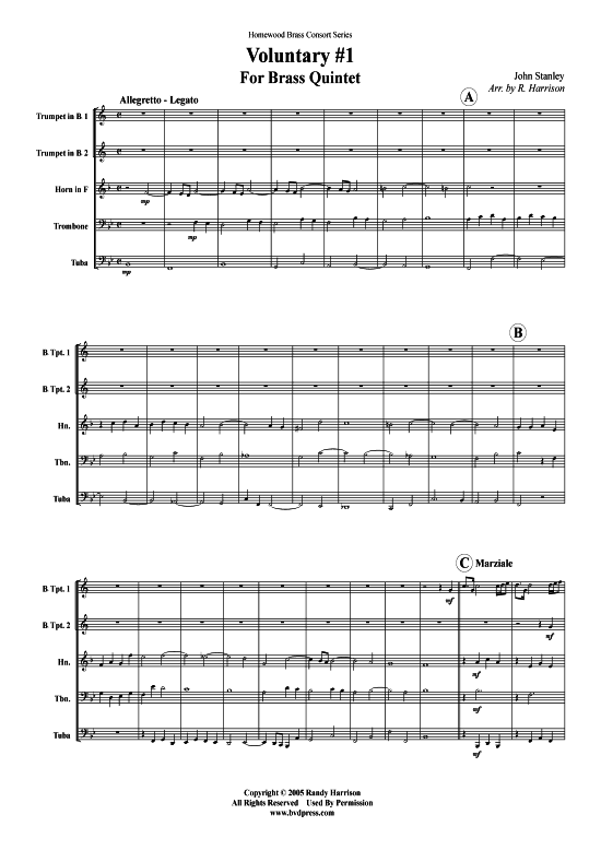 Voluntary Nr. 1 (Blechbl serquintett) (Quintett (Blech Brass)) von John Stanley (arr. Harrison)