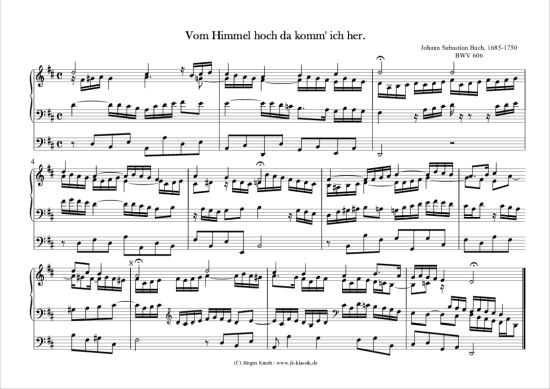 Vom Himmel hoch da komm ich her. BWV 606 (Klavier Cembalo Orgel Solo) (Klavier Solo) von Johann Sebastian Bach