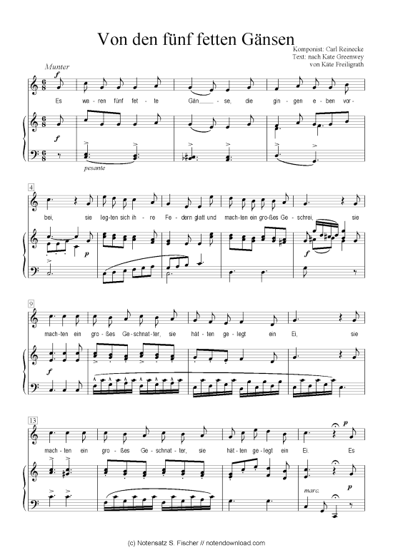 Von den f nf fetten G nsen (Klavier + Gesang) (Klavier  Gesang) von Carl Reinecke  nach Kate Greenwey von K te Freiligrath