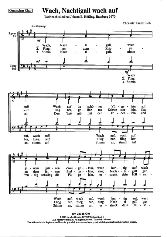 Wach Nachtigallwach auf (Gemischter Chor) (Gemischter Chor) von Johann E. H ouml fling